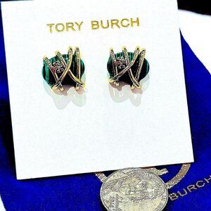 TORY BURCH LOGO MALACHITE & GOLD STUD EARRINGS